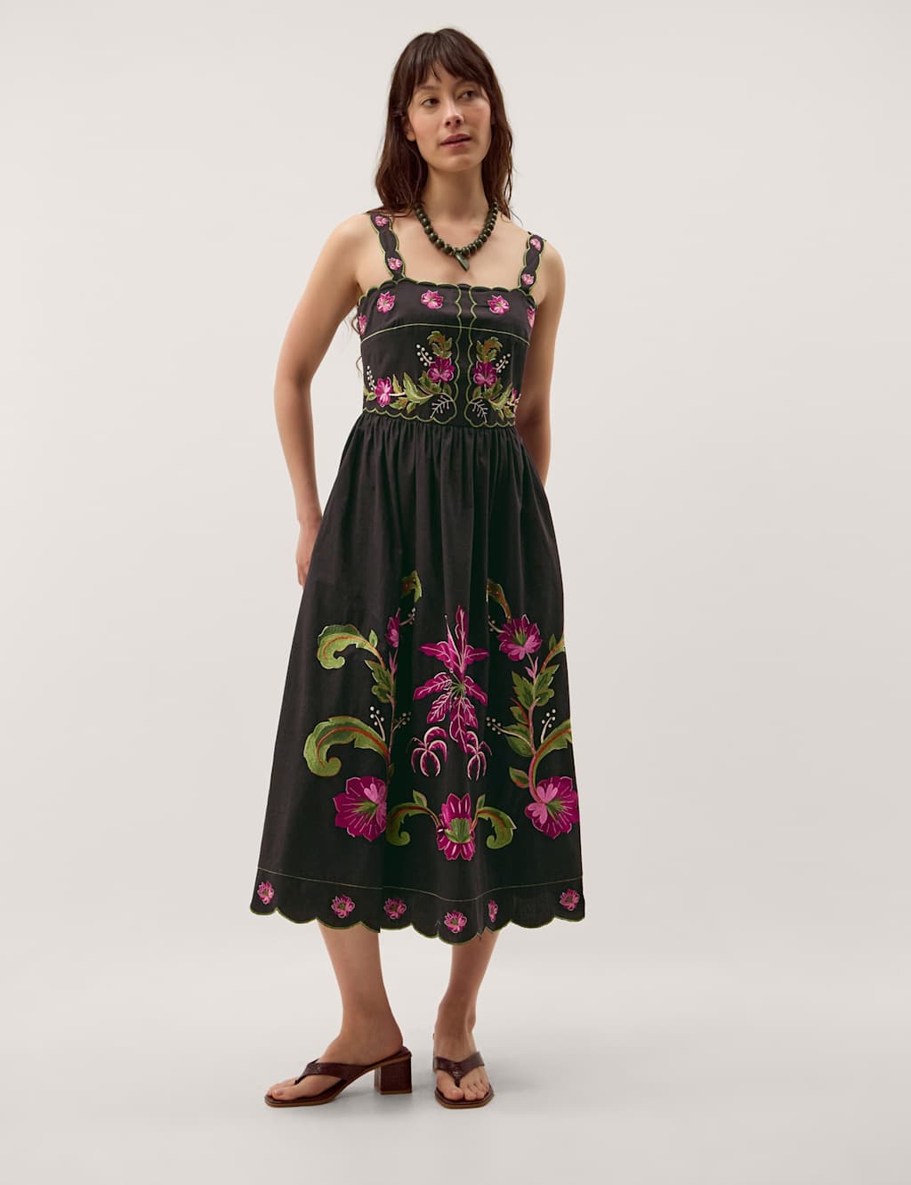 Monsoon Women's Pure Cotton Floral Embroidered Midi Dress - 16 - Black - Available at M&S