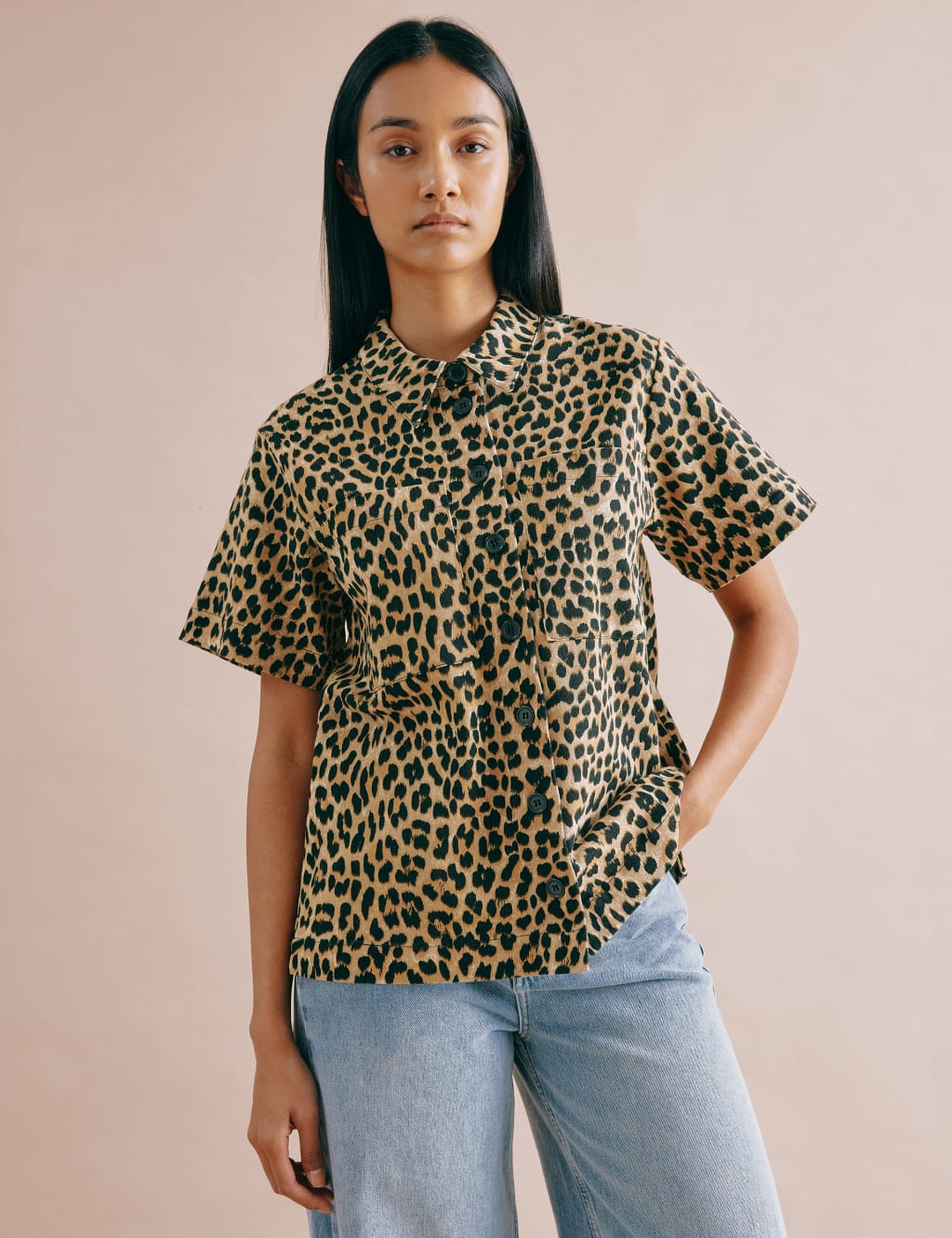 Cotton Rich Animal Print Collared Shirt