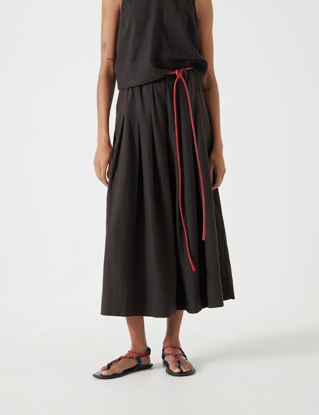 Linen Blend Pleated Midi A-Line Skirt