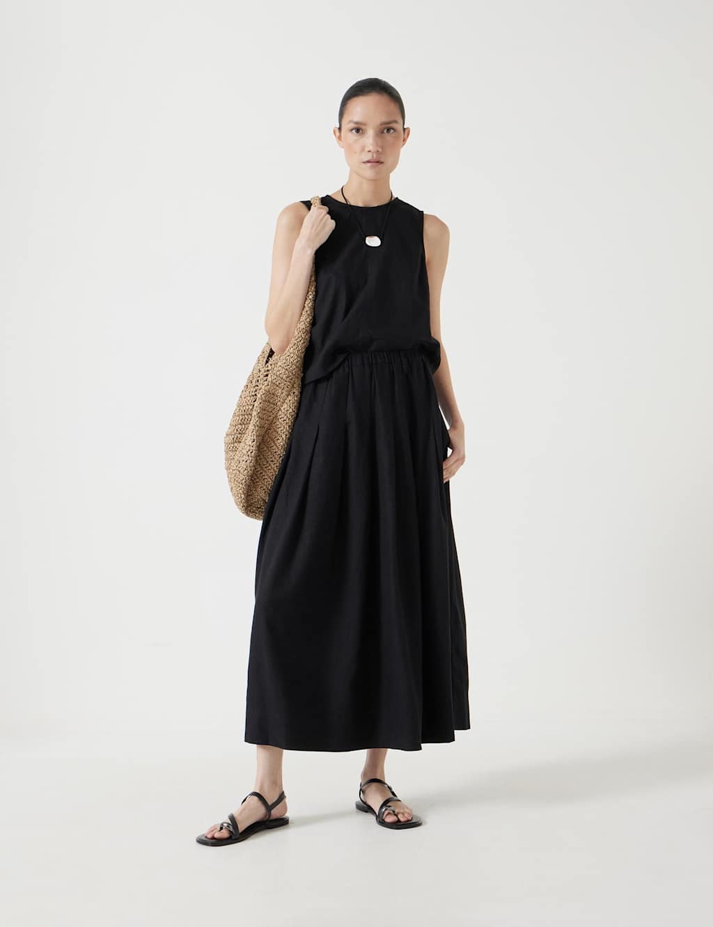 HUSH Linen Blend Pleated Midi A-Line Skirt Black
