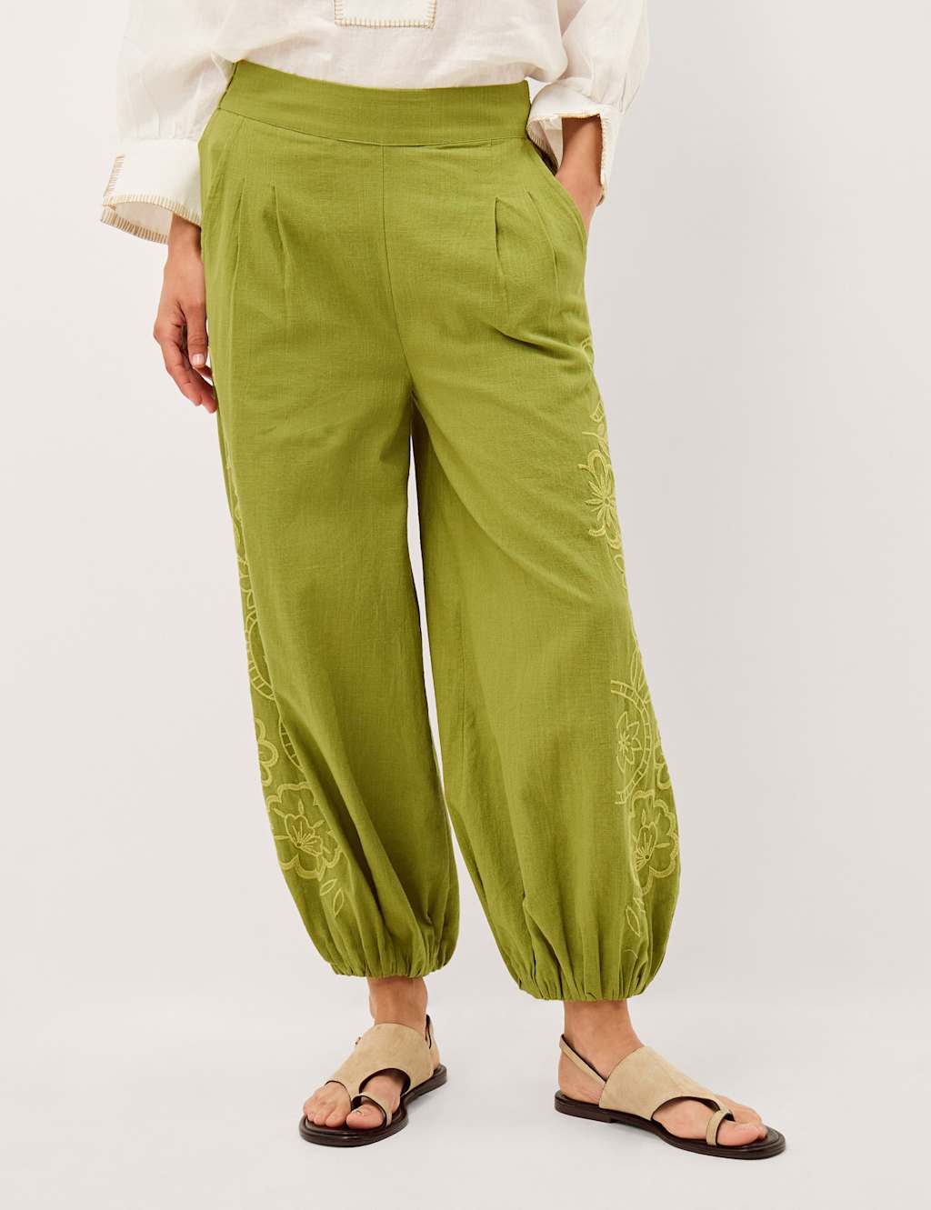 Monsoon Women's Pure Cotton Embroidered Cuffed Trousers - Small - Green - Available at M&S