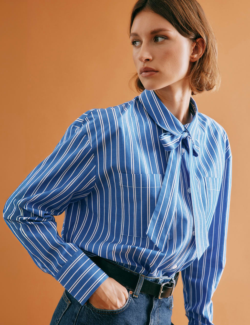 Cotton Rich Striped Tie Neck Shirt