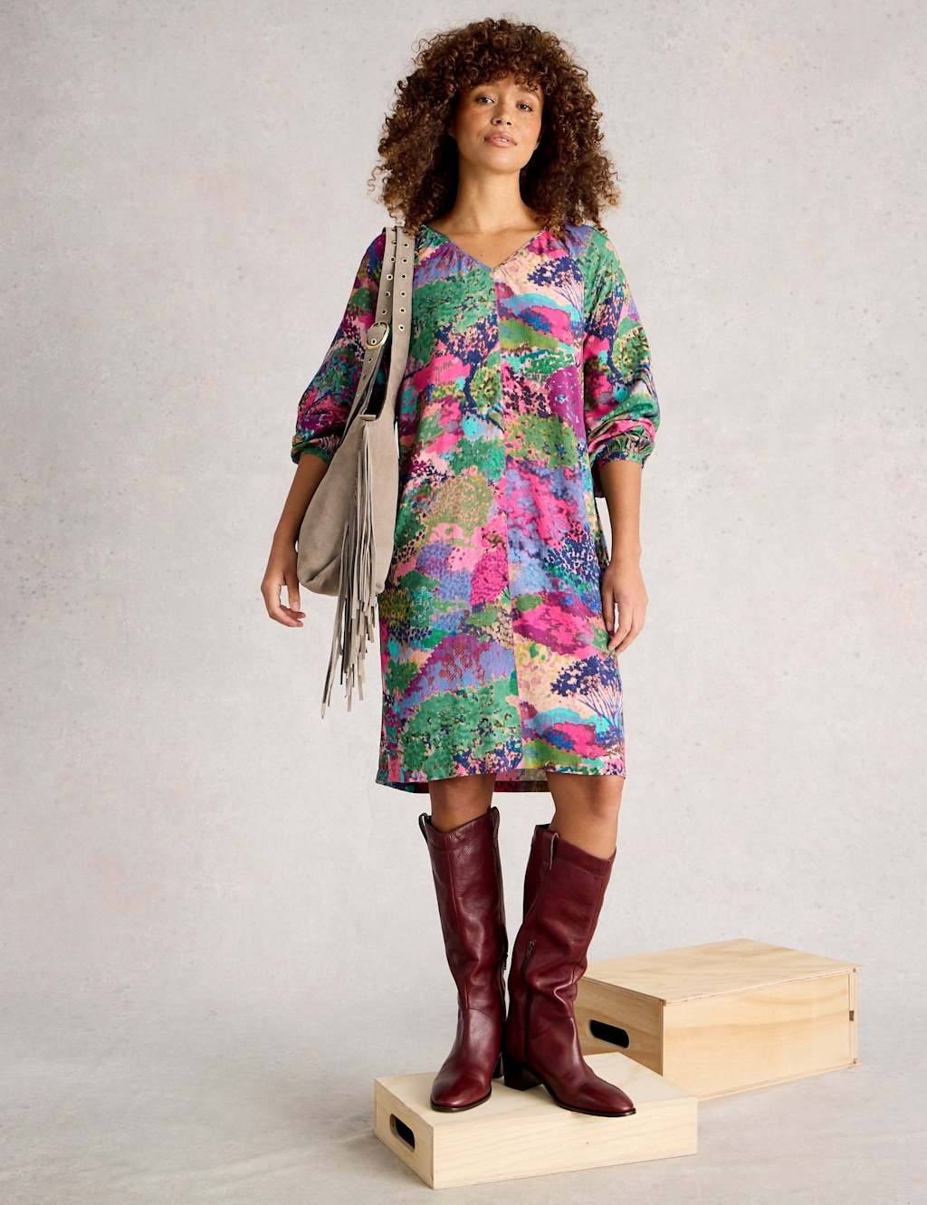 White Stuff Women's Tree Print Knee Length Shift Dress - 12REG - Pink Mix, Pink Mix