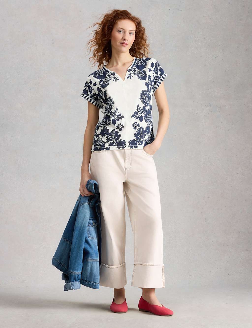 White Stuff Women's Pure Cotton Floral Striped T-Shirt - 10 - Navy Mix - Available at M&S
