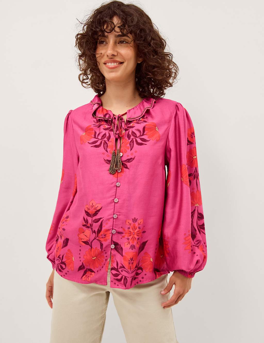 Monsoon Women's Floral Tie Neck Blouson Sleeve Blouse - Small - Pink Mix - Available at M&S