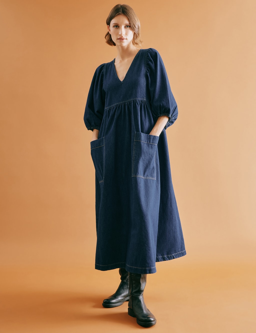 Denim V-Neck Midi Skater Dress