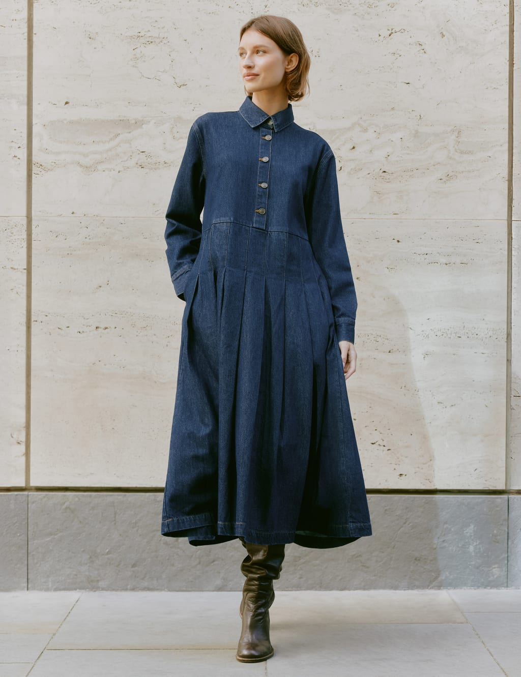 Denim Pleated Midi Shirt Dress