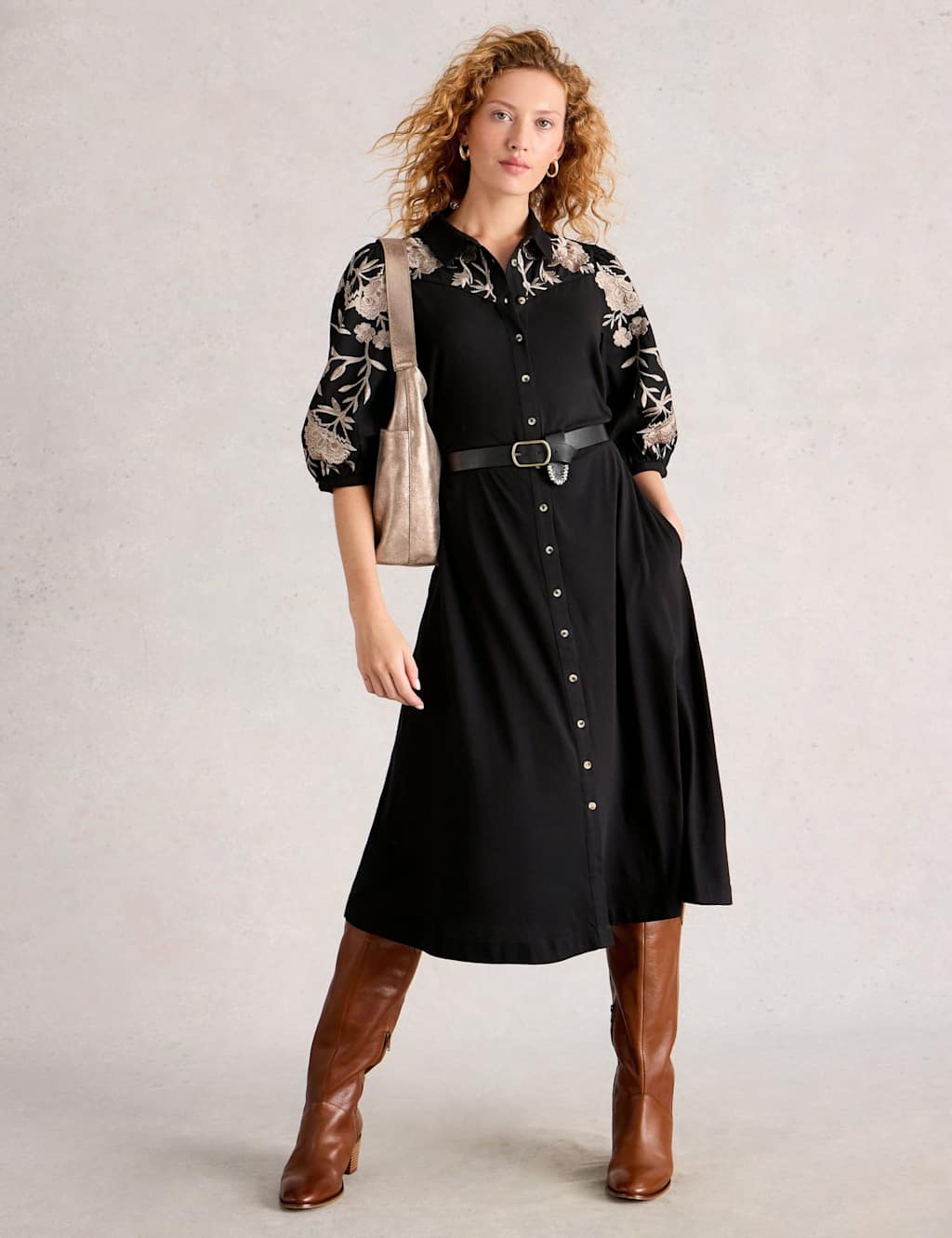White Stuff Women's Cotton Rich Embroidered Midi Shirt Dress - 12REG - Black, Black