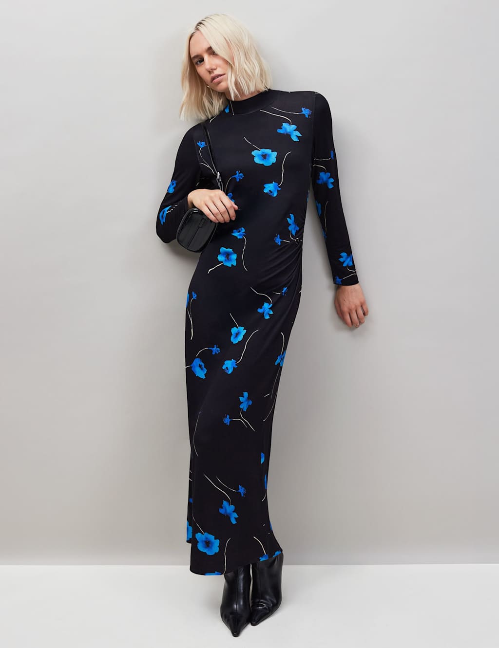 RO&ZO Jersey Floral Funnel Neck Maxi Column Dress Blue Mix