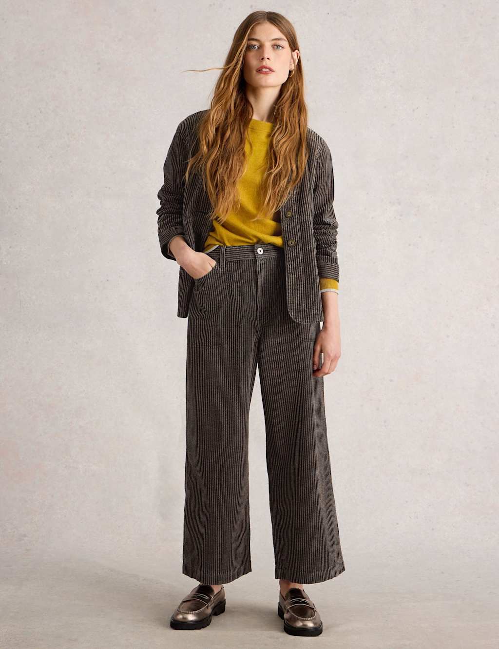 White Stuff Cord Collared Relaxed Jacket Black Mix