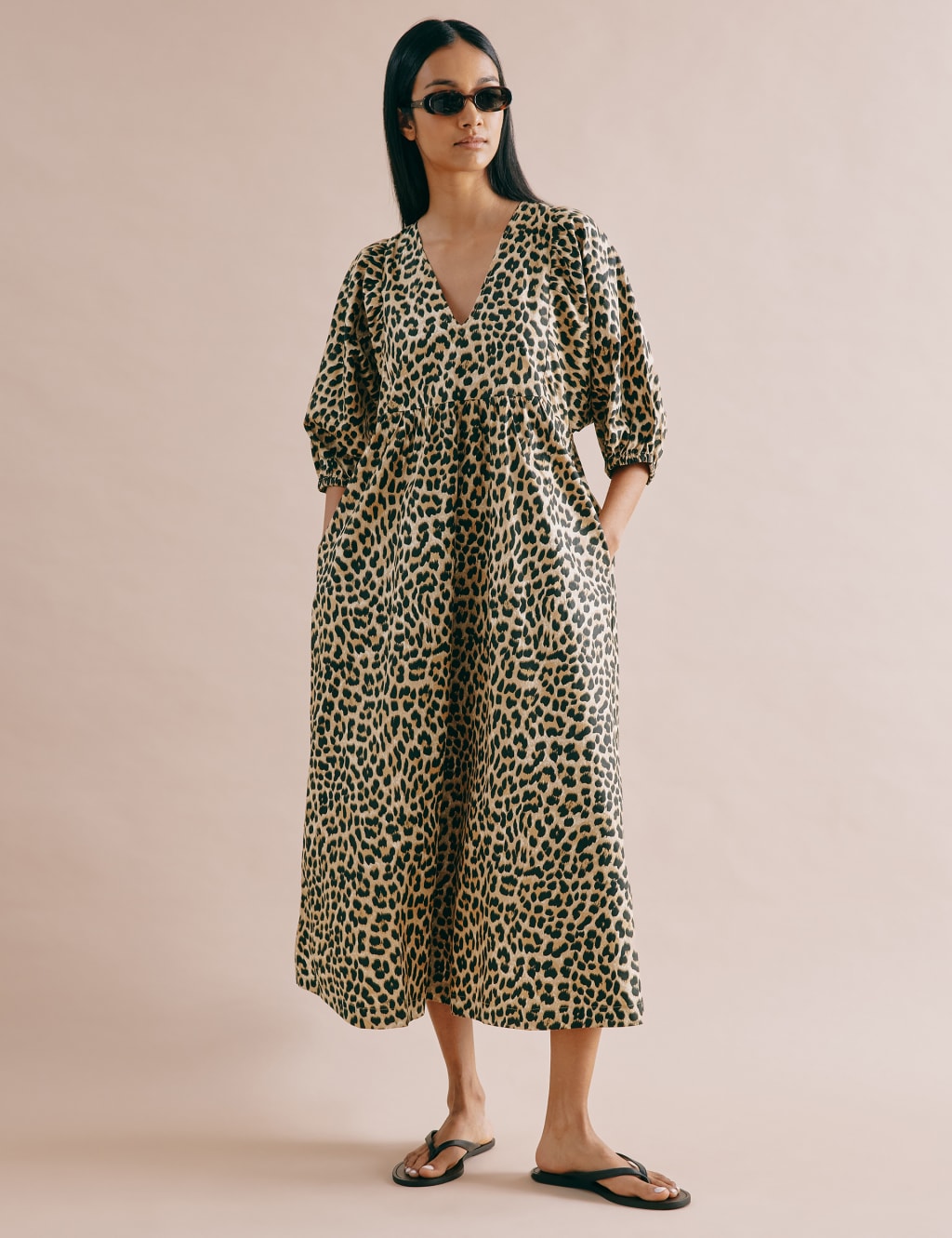 Pure Cotton Animal Print V-Neck Midi Skater Dress