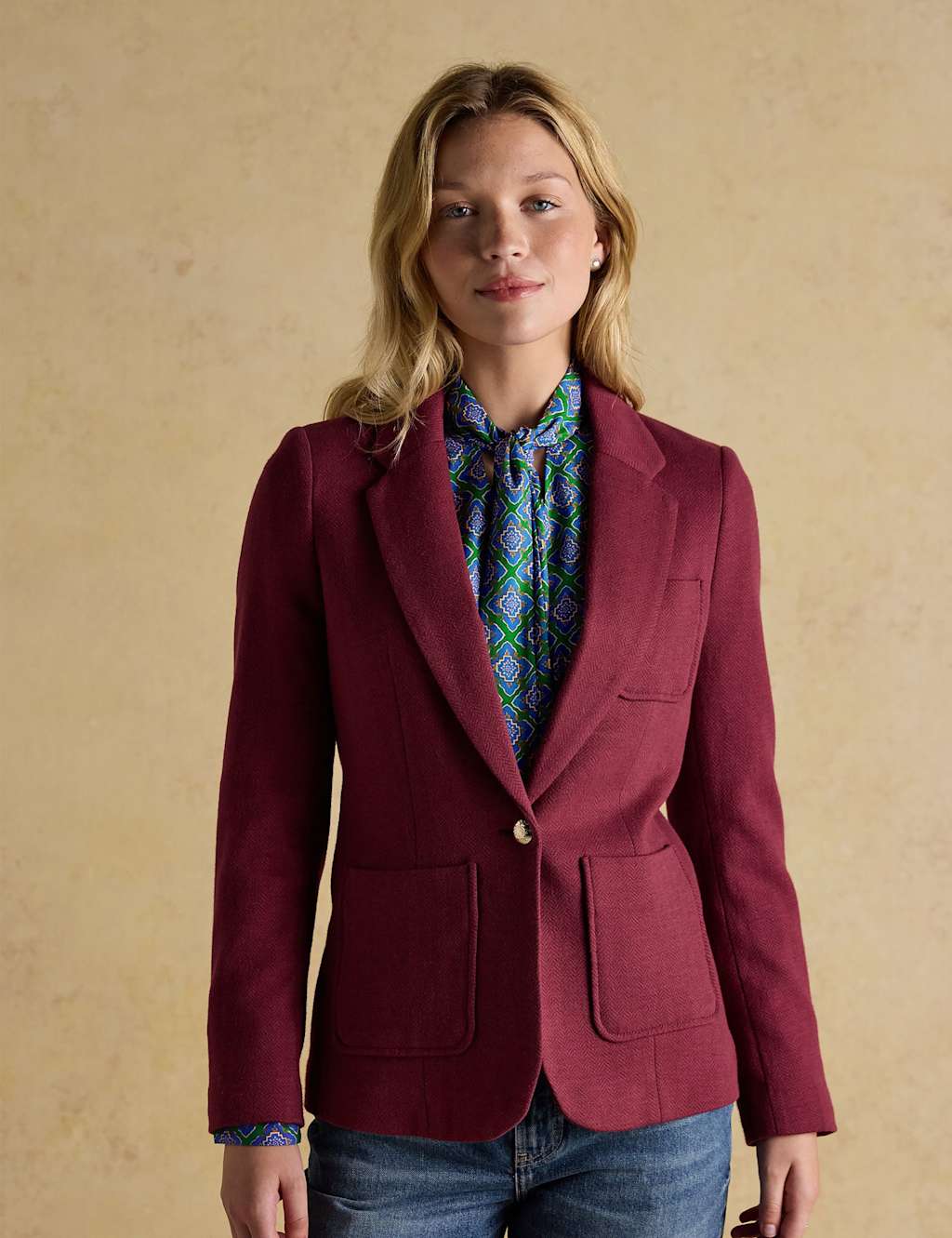 Joules Herringbone Blazer Burgundy