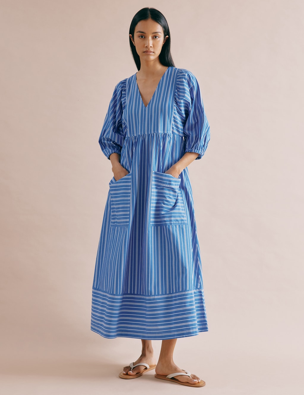 Cotton Rich Striped V-Neck Midi Skater Dress