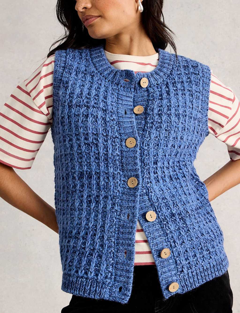 White Stuff Women's Crew Neck Button Front Waistcoat - MREG - Blue, Natural,Blue