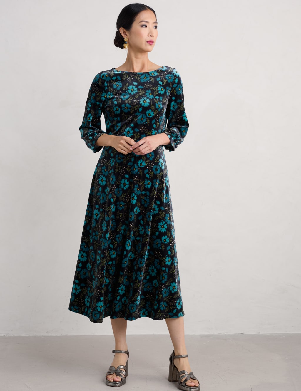 Floral Slash Neck Midi Skater Dress