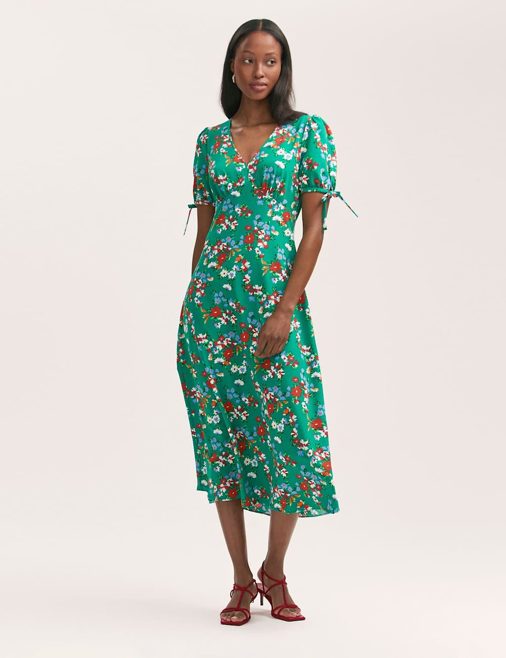Crepe Floral V-Neck Midi Tea Dress