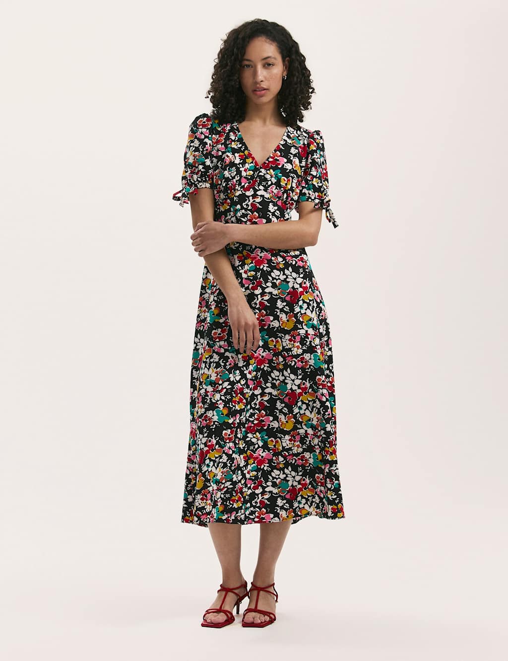 Finery London Women's Crepe Floral V-Neck Midi Tea Dress - 20 - Black Mix - Available at M&S