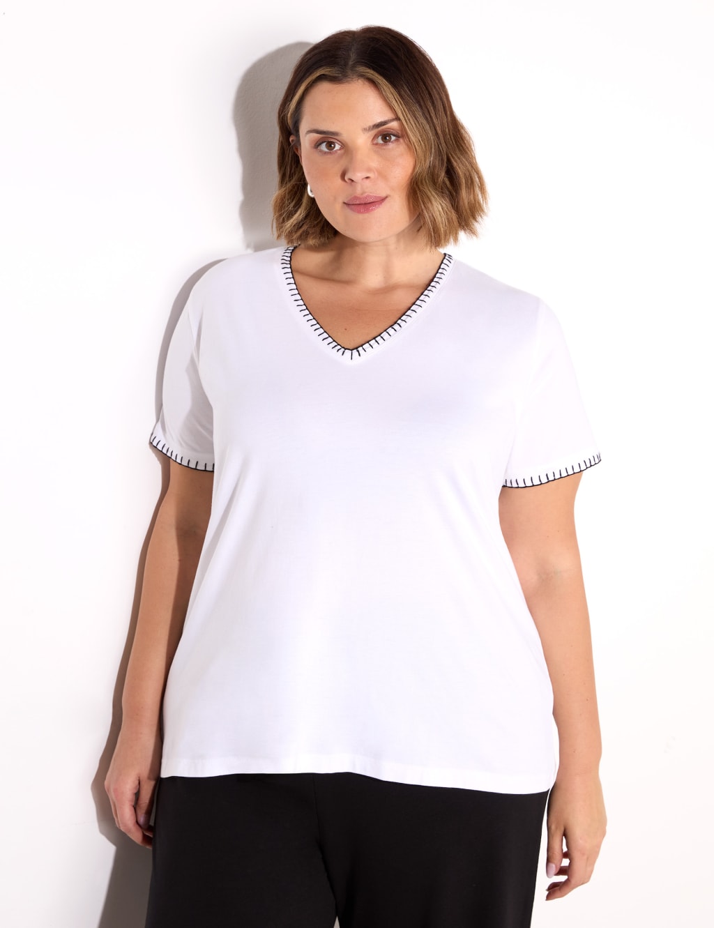 Cotton Rich V-Neck Stitch Detail T-Shirt
