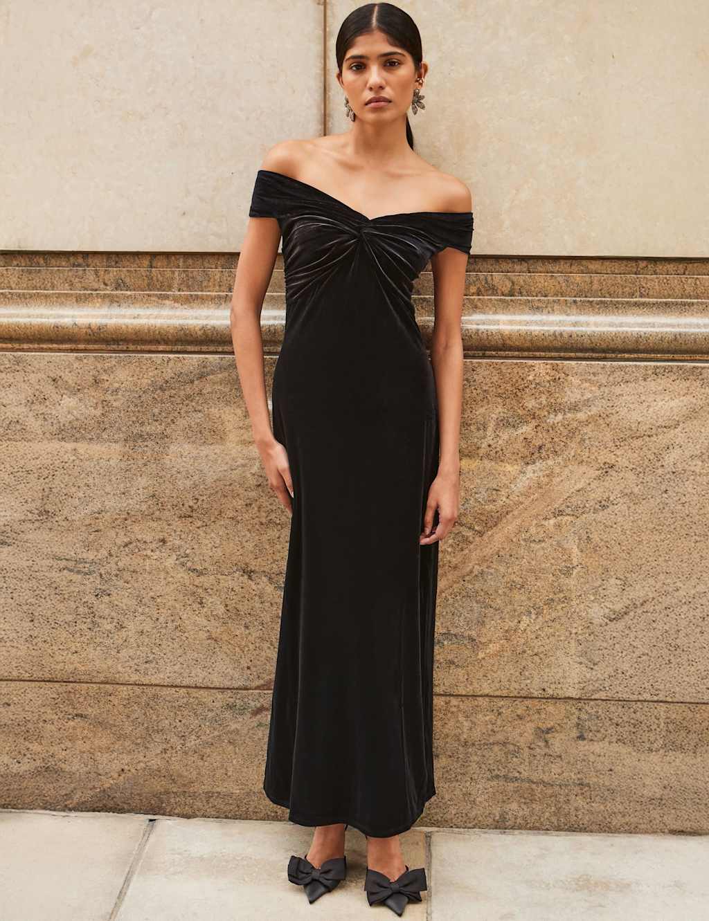 RO&ZO Velvet Off The Shoulder Maxi Column Dress Black