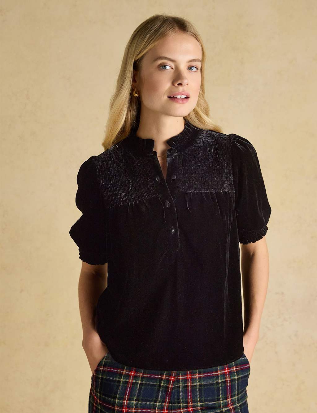 Joules Velvet High Neck Blouse Black