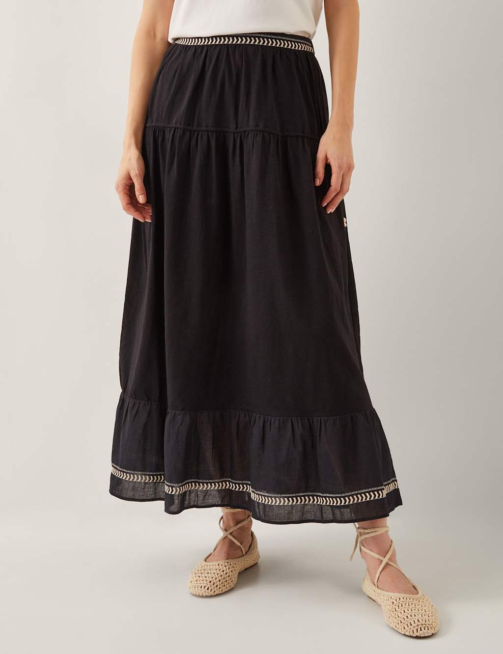Monsoon Pure Cotton Broderie Midi A-Line Skirt Black