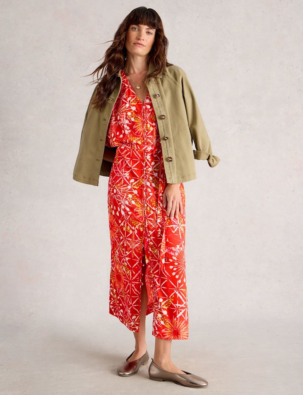 White Stuff Women's Printed Kimono Sleeve Midi Tea Dress - 14REG - Red Mix, Red Mix