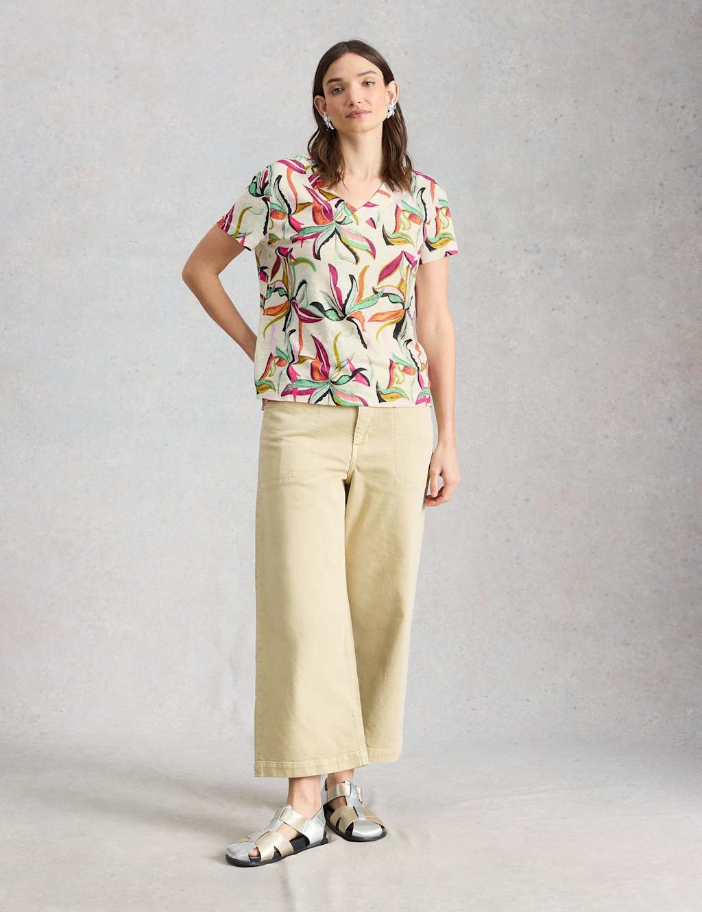 White Stuff Women's Pure Linen Floral T-Shirt - 10 - White Mix - Available at M&S