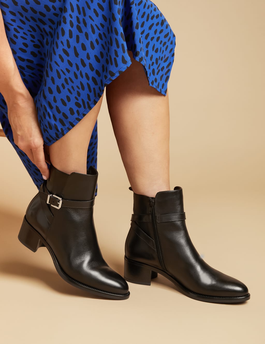 Leather Buckle Block Heel Ankle Boots