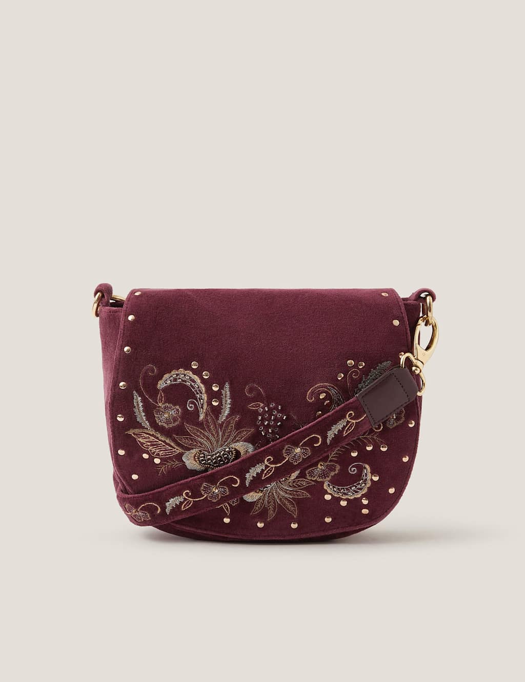 Monsoon Pure Cotton Embroidered Cross Body Satchel Burgundy