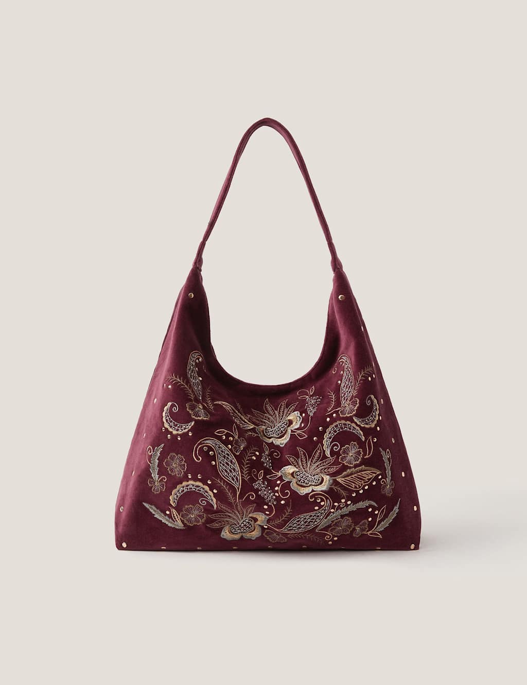 Monsoon Pure Cotton Embroidered Slouch Shoulder Bag Burgundy