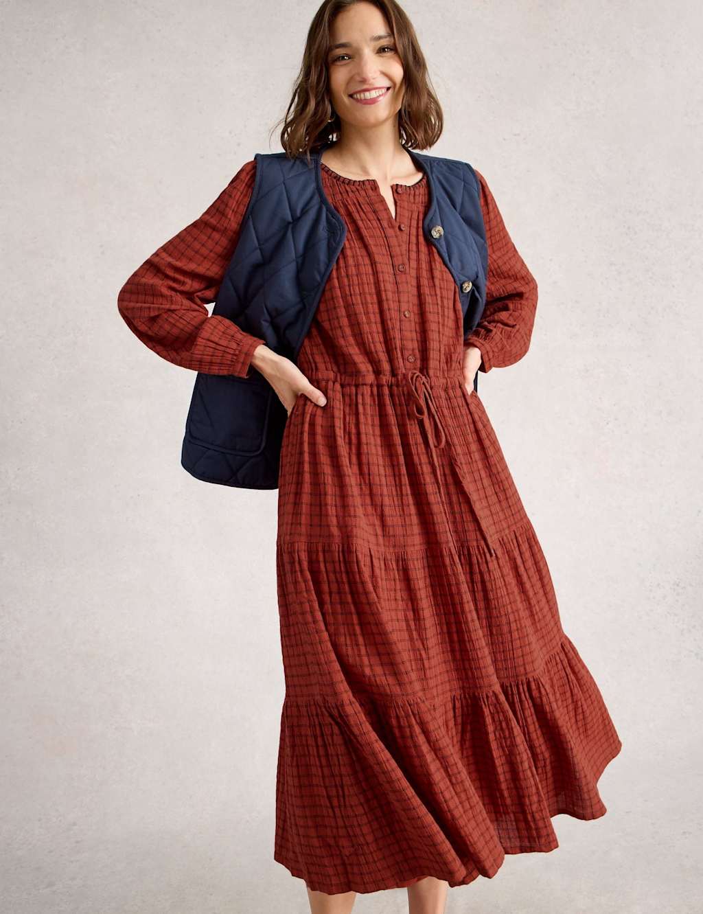 White Stuff Women's Pure Cotton Checked Midi Tiered Dress - 12REG, Red