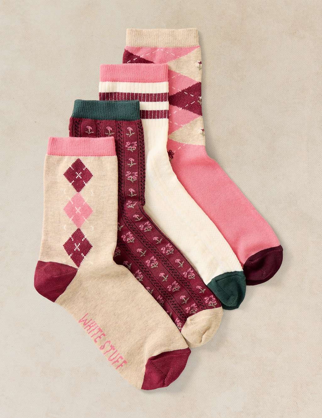 White Stuff Women's 4 Pack Cotton Rich Argyle Ankle High Socks - 6-8 - Pink Mix - Available at M&S