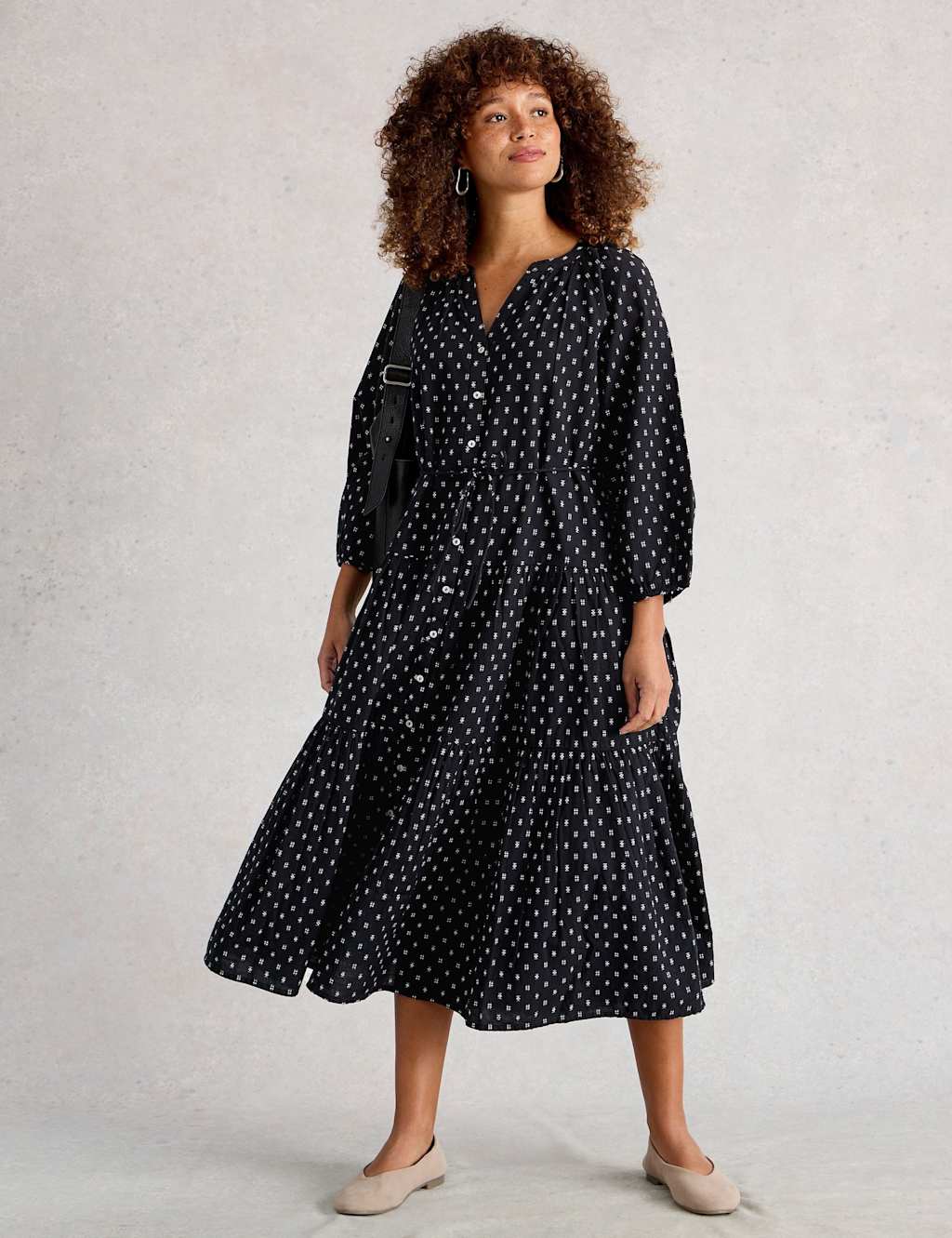 White Stuff Women's Pure Cotton Printed Midaxi Tiered Dress - 12REG - Black Mix, Black Mix