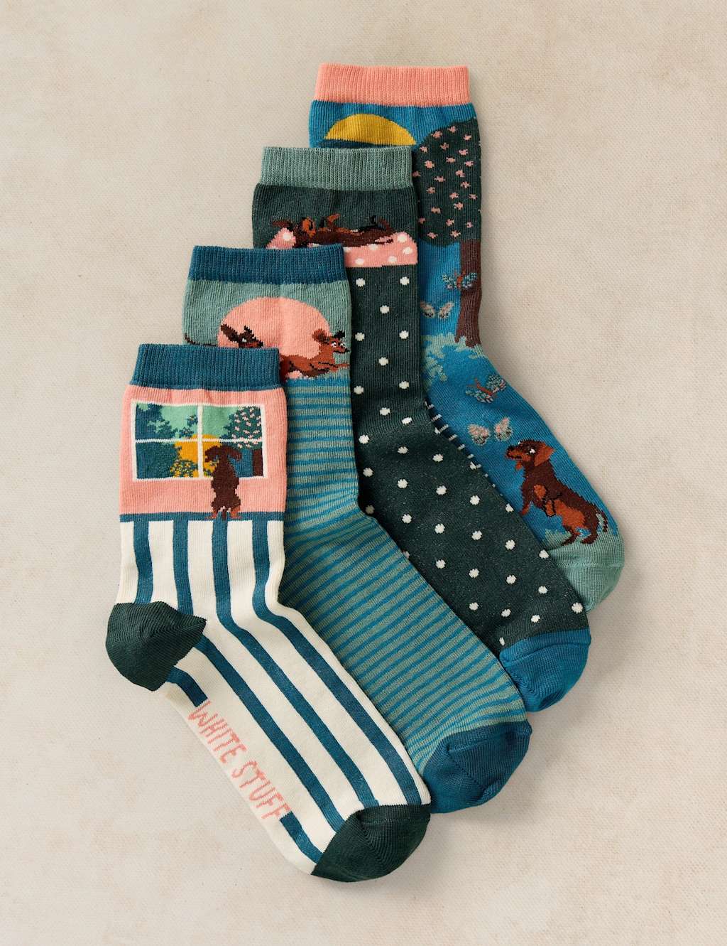 White Stuff Women's 4 Pack Cotton Rich Playful Sausage Socks - 3-5 - Teal Mix - Available at M&S