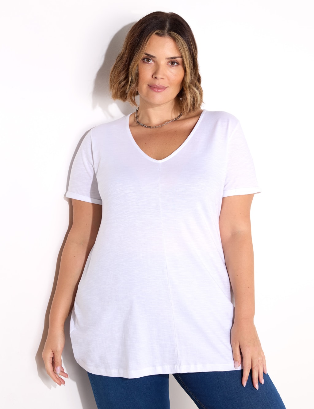Pure Cotton V-Neck Longline T-Shirt