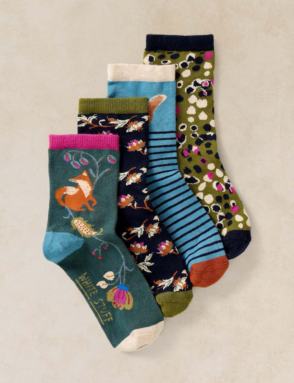 White Stuff Women's 4 Pack Cotton Rich Garden Animal Socks - 3-5 - Green Mix - Available at M&S