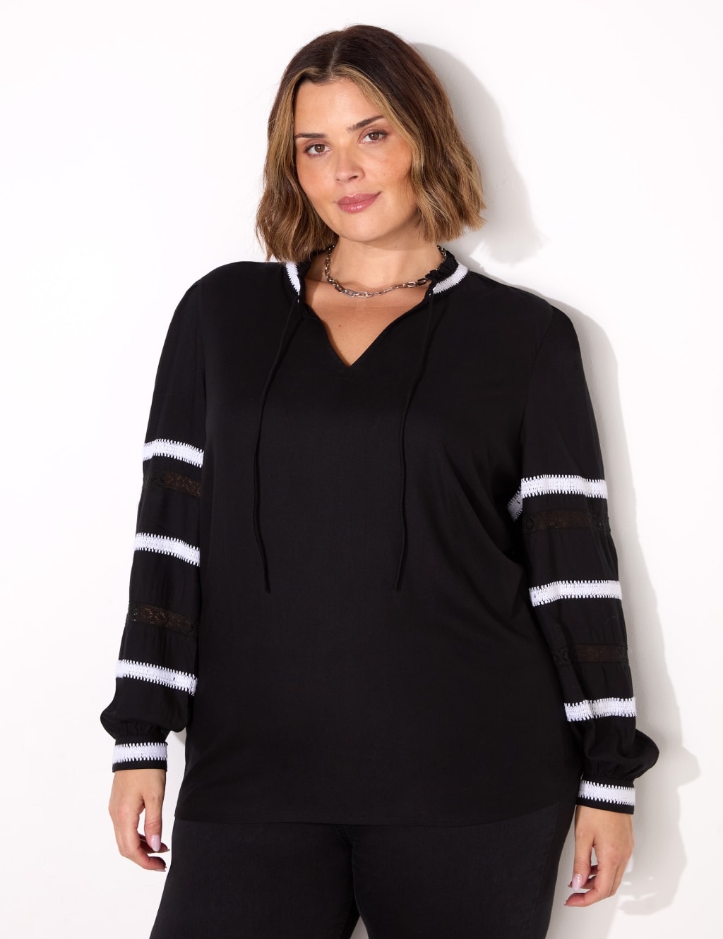 Embroidered V-Neck Lace Insert Top