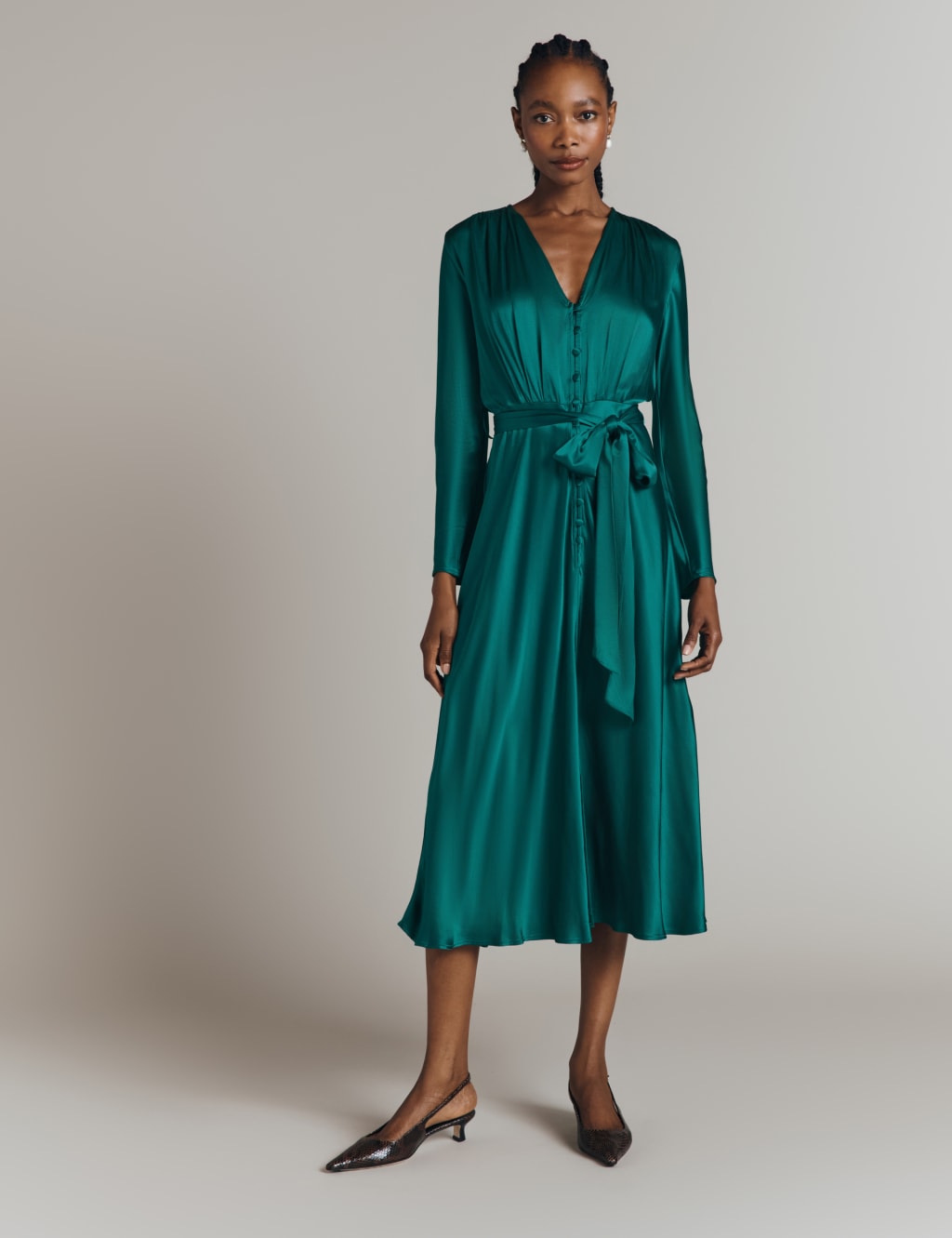 Satin V-Neck Belted Midi Waisted Dress