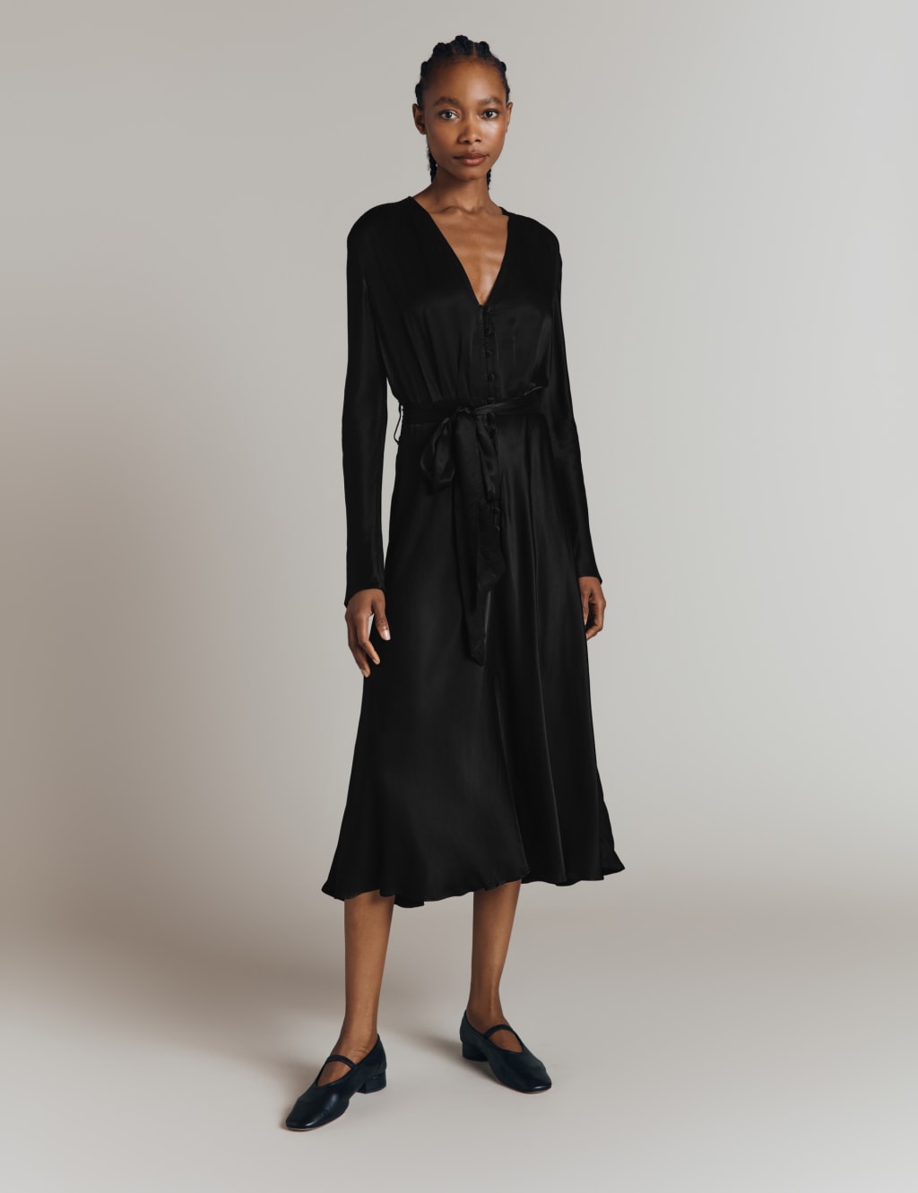 Satin V-Neck Belted Midi Waisted Dress