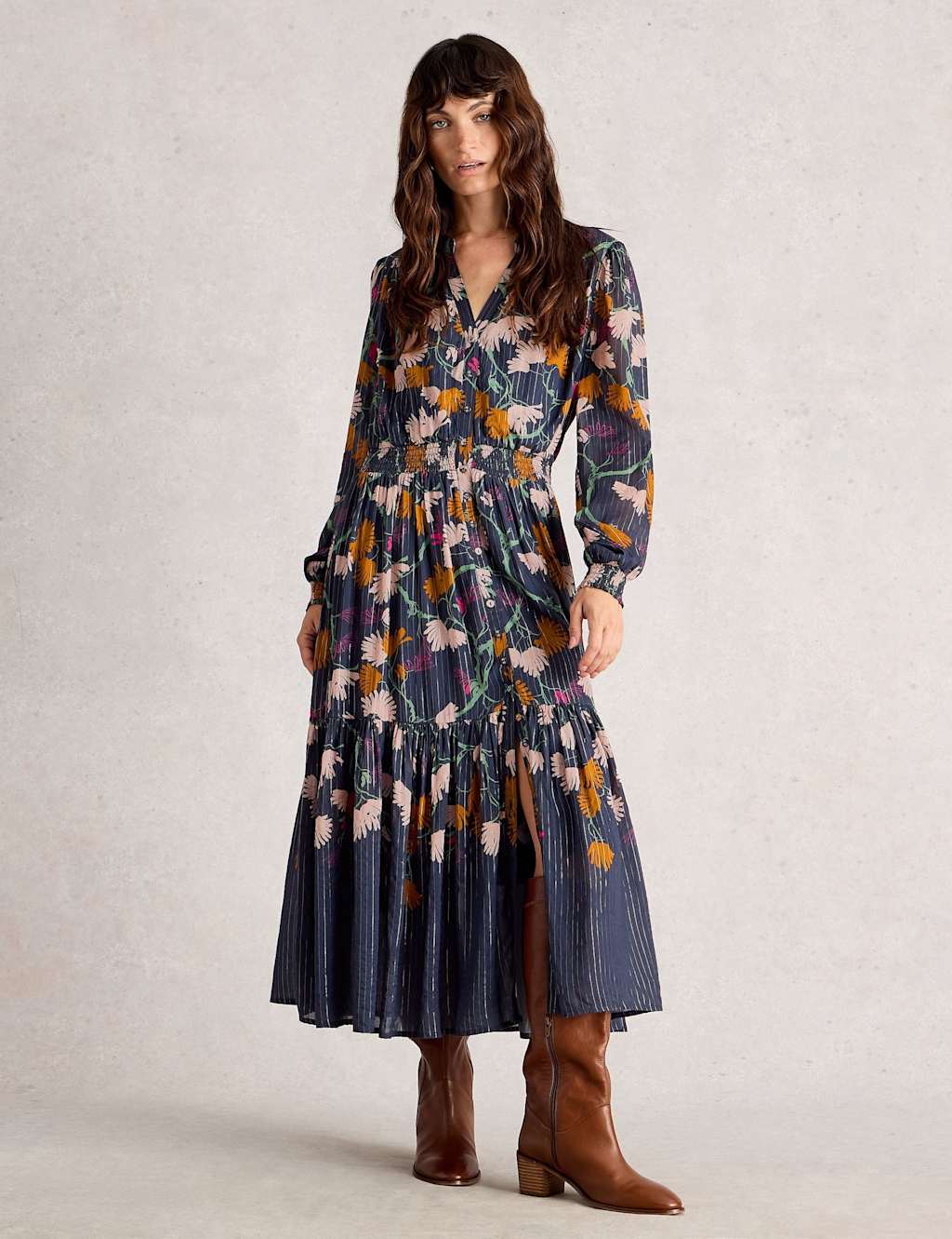 White Stuff Women's Floral Metallic Midi Tiered Dress - 12REG - Navy Mix, Navy Mix