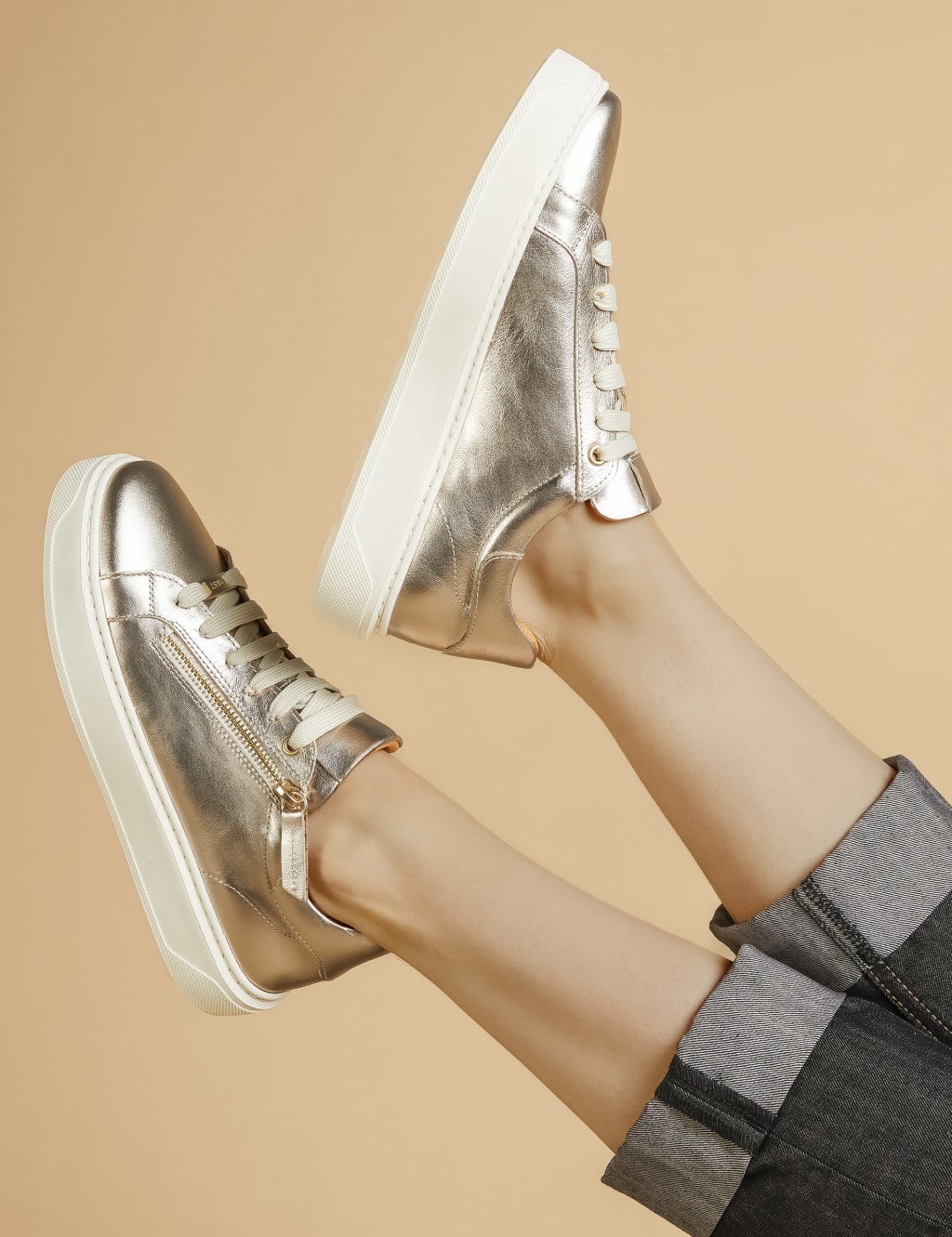 Leather Metallic Zip Chunky Trainers