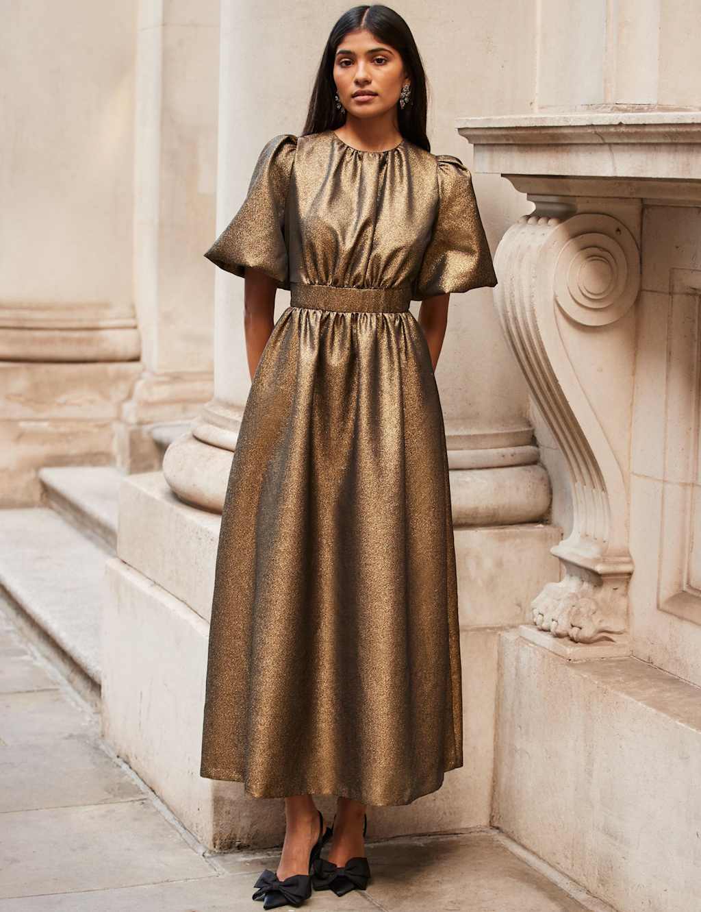 RO&ZO Sparkly Puff Sleeve Maxi Waisted Dress Gold Mix