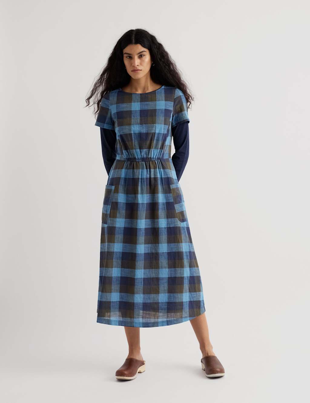 Seasalt Cornwall Women's Pure Cotton Checked Midi Waisted Dress - 10 - Blue Mix - Available at M&S