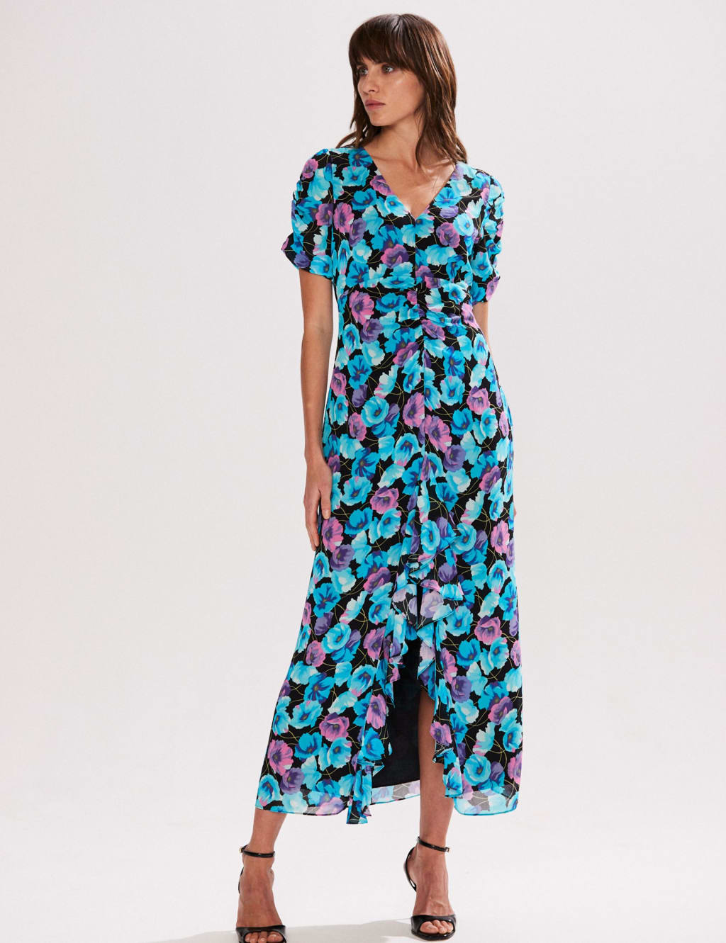 Floral V-Neck Frill Detail Midi Tea Dress
