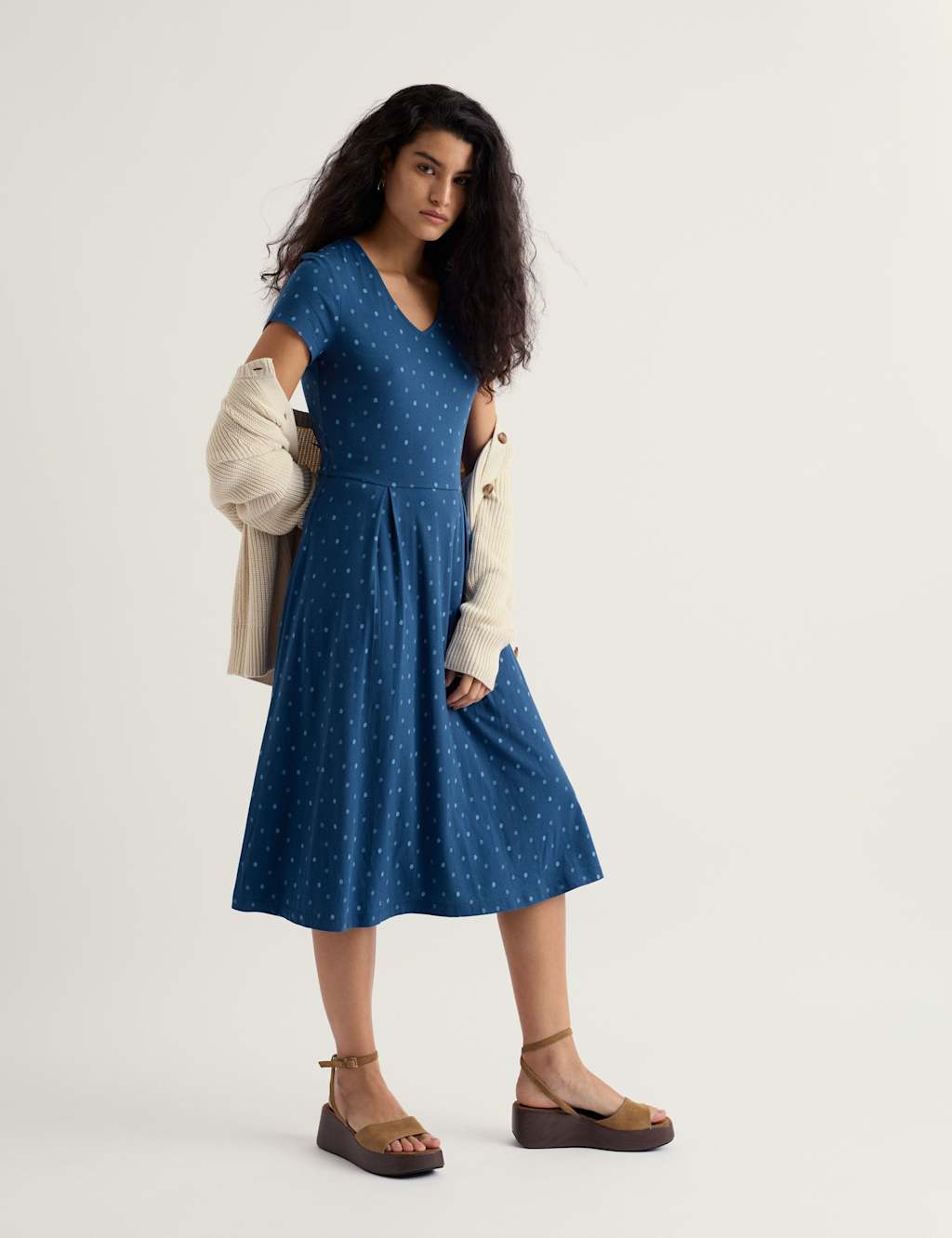 Seasalt Cornwall Women's Cotton Rich Polka Dot Knee Length Skater Dress - 12 - Blue Mix - Available at M&S