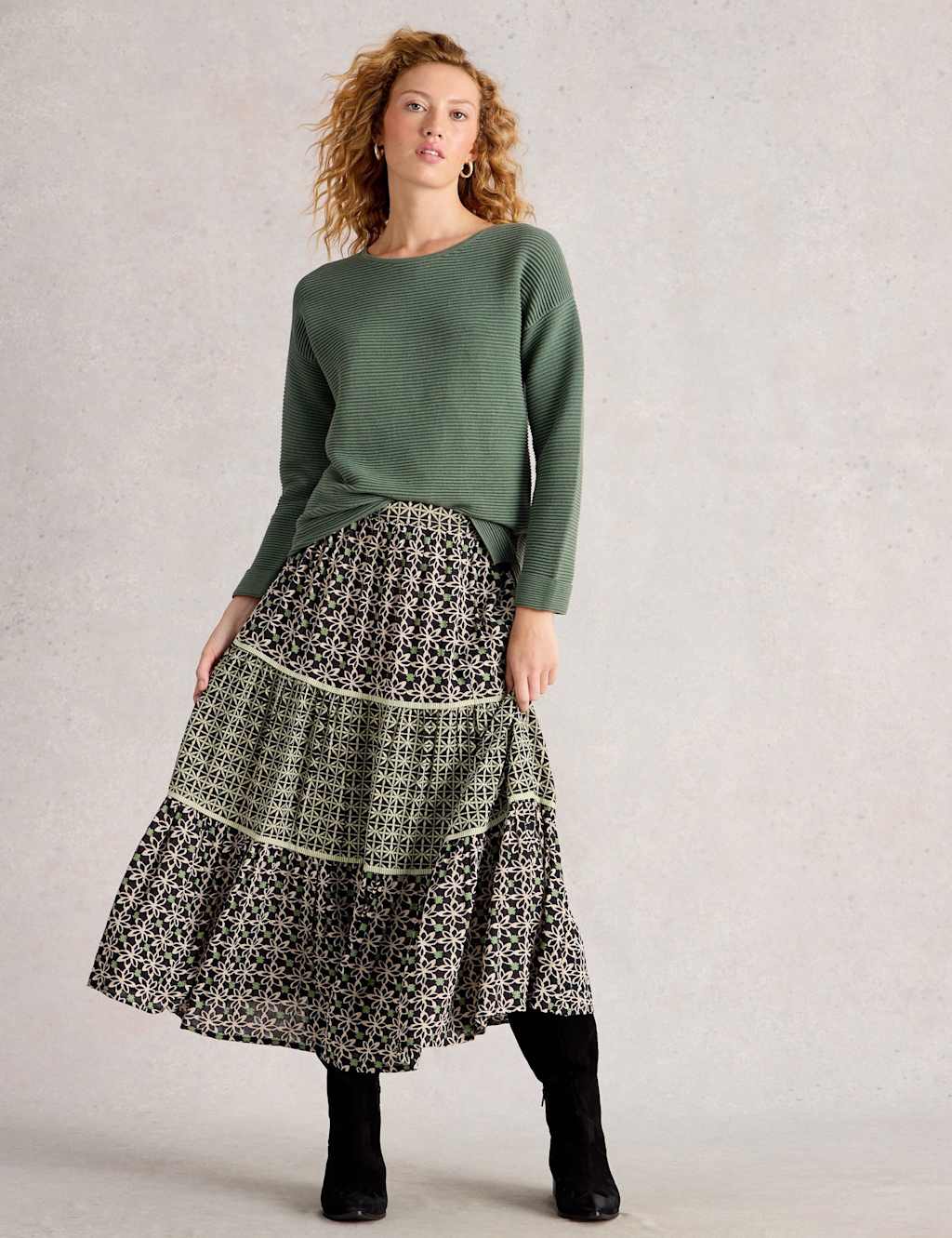 White Stuff Pure Cotton Textured Slash Neck Jumper Green