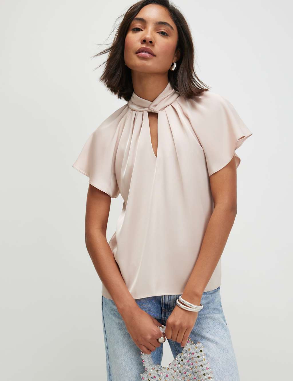 River Island Women's Satin Angel Sleeve Twist Front Top - 8 - Cream - Available at M&S