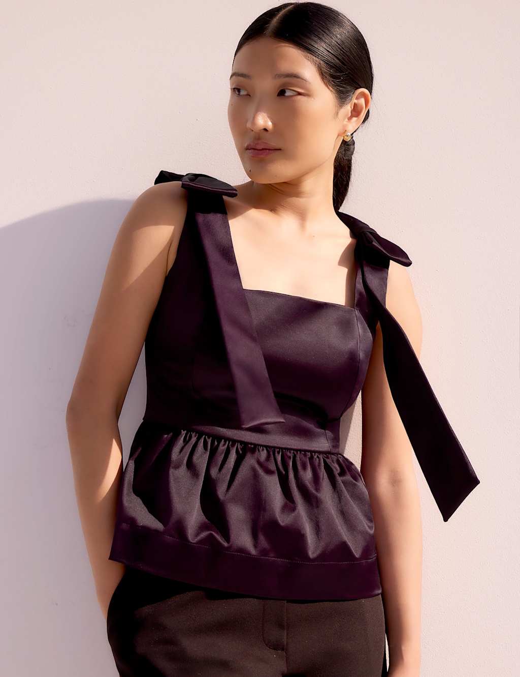 RO&ZO Satin Square Neck Bow Detail Peplum Top Burgundy