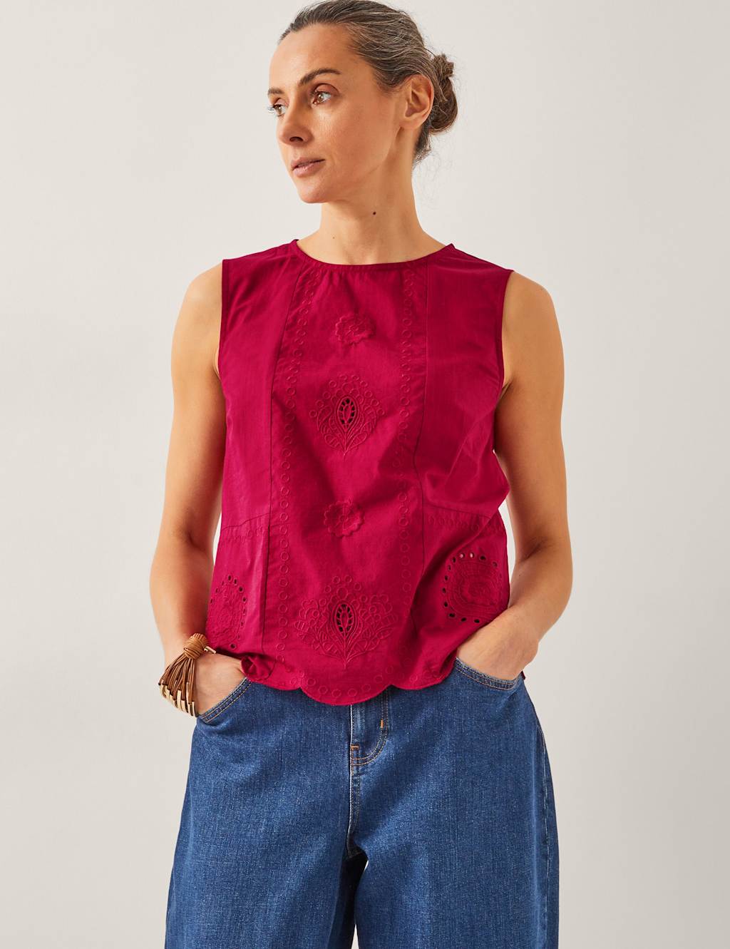 Monsoon Pure Cotton Orla Broderie Vest Red