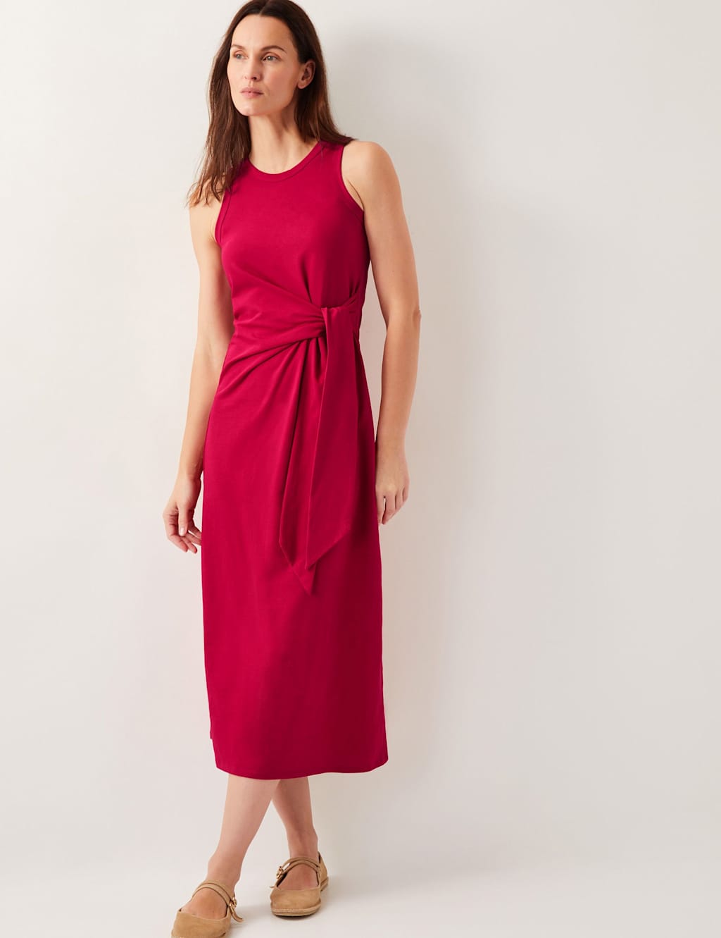 Monsoon Pure Cotton Tie Waist Midi Column Dress Red